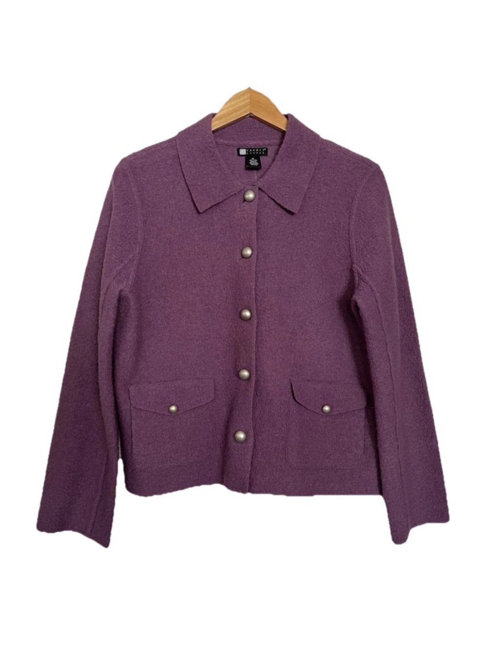 Carole Little 100% Wool Cardigan Sweater Purple Pockets Women’s Size Medium
